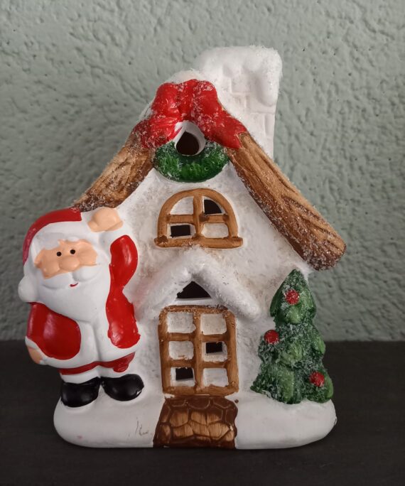 Kersthuisje, met ledverlichting, wit met Kerstman en Kerstboompje, steen
