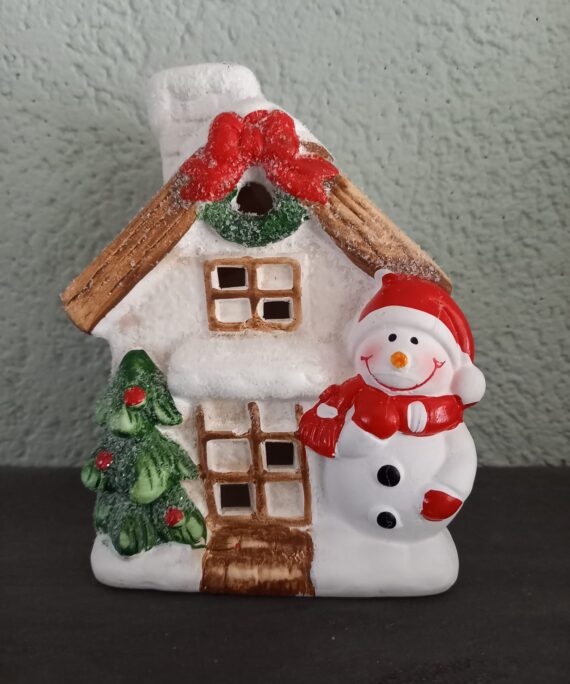 Kersthuisje, met ledverlichting, wit met Sneeuwpop en Kerstboompje, steen
